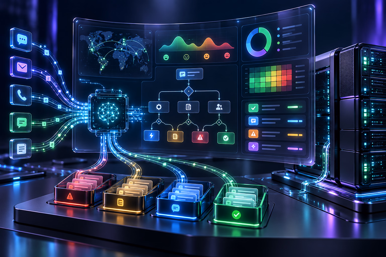 R5 Industries AI engineer monitoring customer support automation agent metrics and sentiment graphs