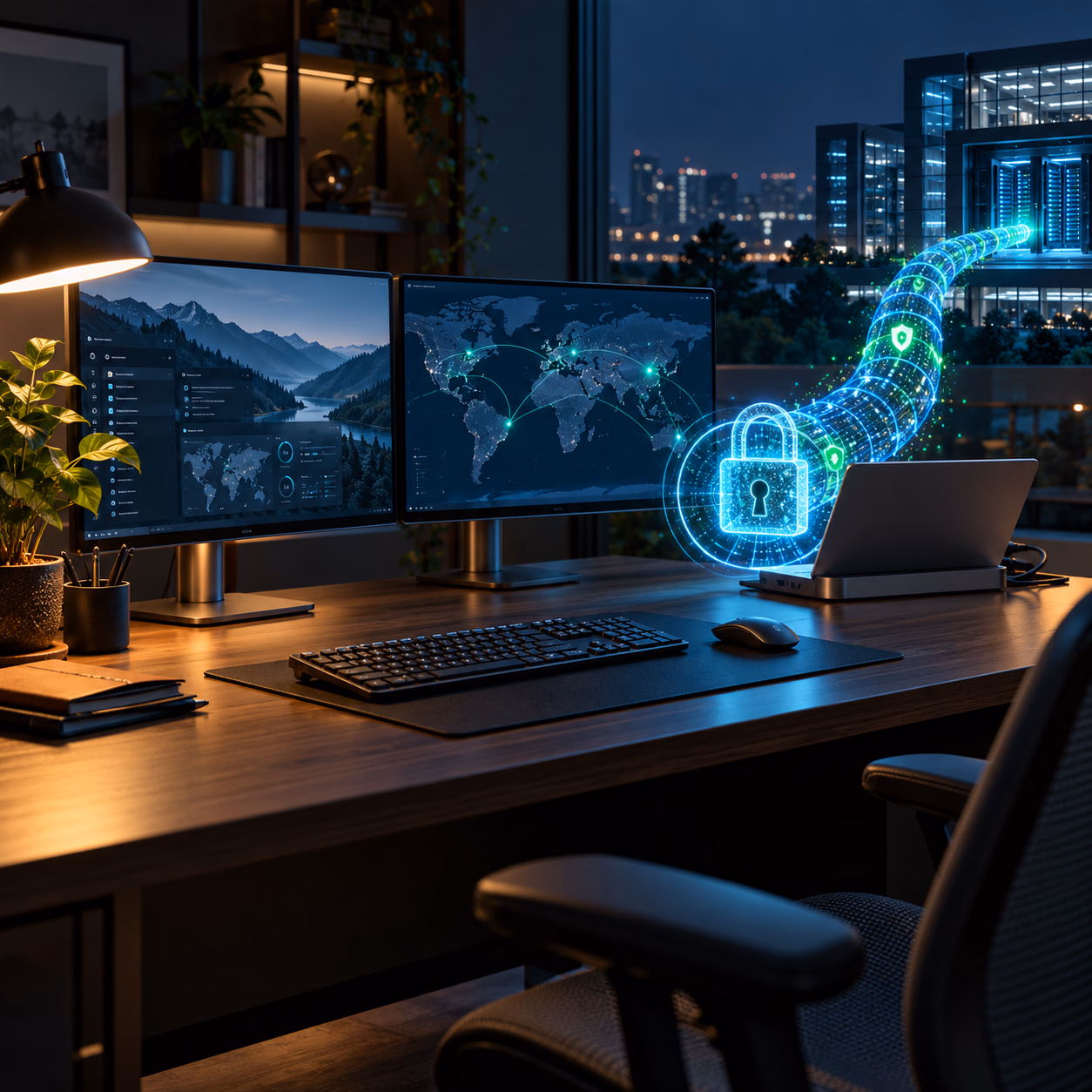 R5 Industries IT engineer setting up secure dual-monitor hybrid remote workstation and VPN gateway