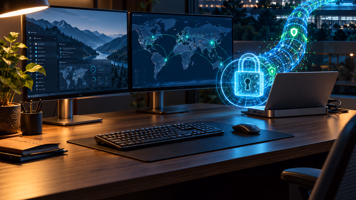 R5 Industries IT engineer setting up secure dual-monitor hybrid remote workstation and VPN gateway
